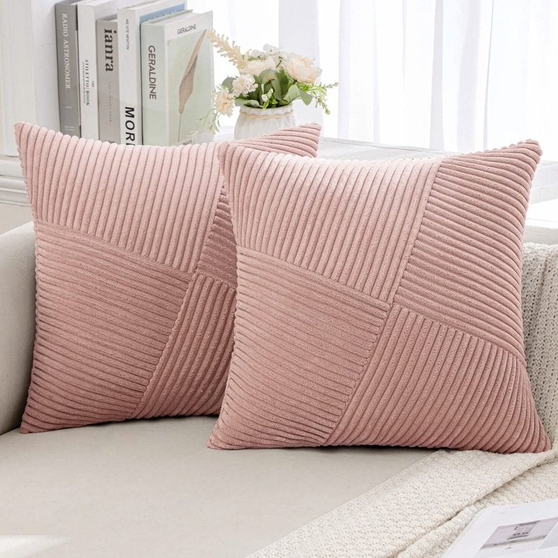 MIULEE Corduroy Pillow Covers Pack of 2 Decorative Windmill Striped Spliced Throw Pillow Covers Soft Couch Pillowcases Boho Patchwork Cushion Covers for Living Room Bed Sofa 16x16 inch, Pink - Miulee