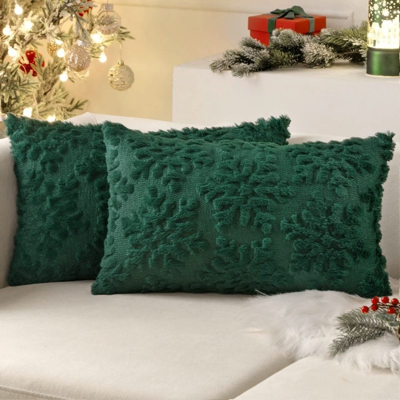 MIULEE Dark Green Throw Pillow Covers Christmas Snowflakes Decorative Pillow Covers 12x20 Inch Soft Plush Faux Wool Pillow Covers Set of 2 Farmhouse Couch Pillows Home Decors for Sofa Livingroom Bed - Miulee