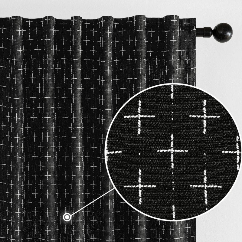 MIULEE Decorative Back Tab Linen Curtains with Geometric Pattern for Living Room Bedroom Farmhouse Rustic Thick Woven Textured Patterned Mudcloth Drapes 96 Inches Long 2 Panels Set, Black - Miulee