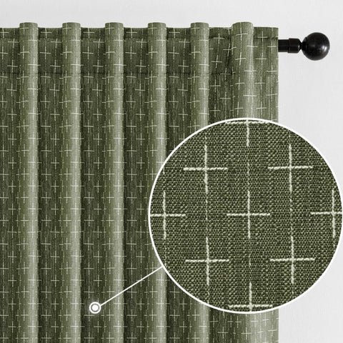 MIULEE Decorative Back Tab Linen Curtains with Geometric Pattern for Living Room Bedroom Farmhouse Rustic Thick Woven Textured Patterned Mudcloth Drapes 96 Inches Long 2 Panels Set, Olive Green - Miulee