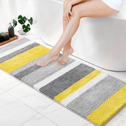 MIULEE Fluffy Bathroom Rugs Bath Mats Rugs Microfiber Striped Shower Rug Absorbent, Soft and Plush Machine Washable Non Slip Carpet Quick Dry for Bathroom Floor Tub, 16x48 Inch, Yellow - Grey - Miulee