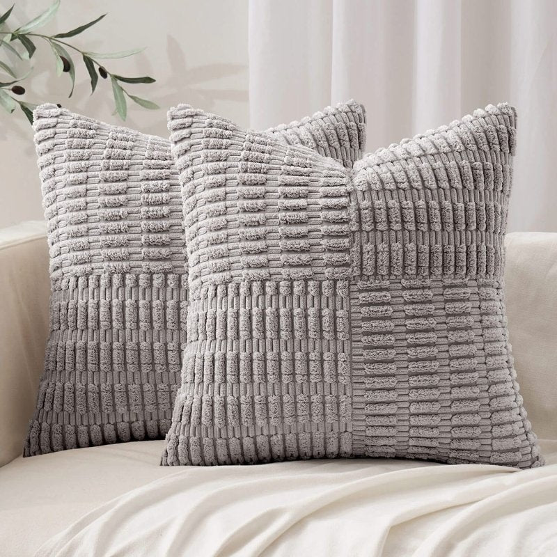 MIULEE Light Grey Corduroy Pillow Covers Pack of 2 Boho Decorative Spliced Throw Pillow Covers Soft Solid Couch Pillowcases Patchwork Textured Cushion Covers for Living Room Sofa 20x20 inch - Miulee