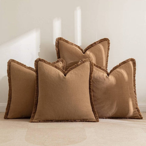 MIULEE Linen Pillow Covers 18x18 Inch Brown Decorative Throw Pillows with Fringe Pack of 4 Soft Farmhouse Boho Couch Pillows Home Decors for Sofa Cushion Living Room Bed - Miulee