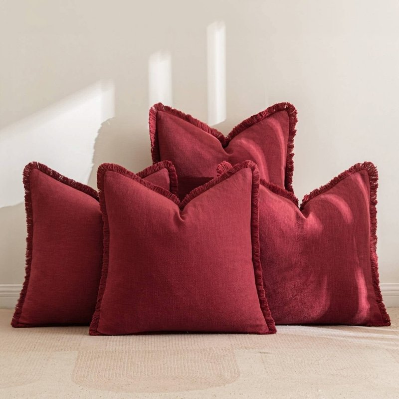 MIULEE Linen Pillow Covers 18x18 Inch Christmas Burgundy Red Decorative Throw Pillows with Fringe Pack of 4 Soft Farmhouse Boho Couch Pillows Home Decors for Sofa Cushion Living Room Bed - Miulee
