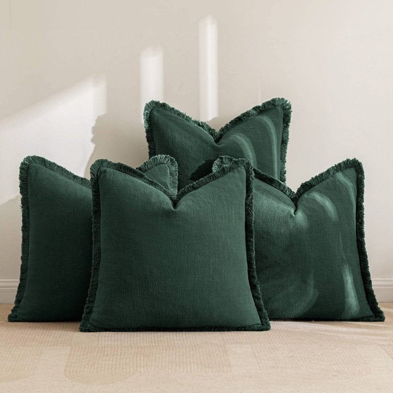MIULEE Linen Pillow Covers 18x18 Inch Christmas Dark Green Decorative Throw Pillows with Fringe Pack of 4 Soft Farmhouse Boho Couch Pillows Home Decors for Sofa Cushion Living Room Bed - Miulee