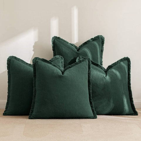 MIULEE Linen Pillow Covers 18x18 Inch Christmas Dark Green Decorative Throw Pillows with Fringe Pack of 4 Soft Farmhouse Boho Couch Pillows Home Decors for Sofa Cushion Living Room Bed - Miulee
