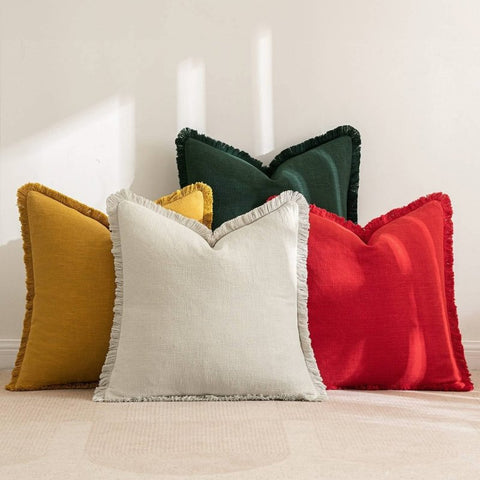 MIULEE Linen Pillow Covers 18x18 Inch Christmas Decorative Throw Pillows with Fringe Pack of 4 Soft Farmhouse Boho Couch Pillows Home Decors for Sofa Cushion Living Room Bed Dark Green and Yellow - Miulee