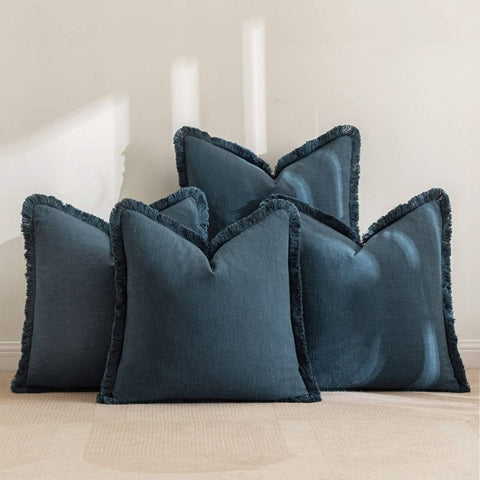MIULEE Linen Pillow Covers 18x18 Inch Dark Blue Decorative Throw Pillows with Fringe Pack of 4 Soft Farmhouse Boho Couch Pillows Home Decors for Sofa Cushion Living Room Bed - Miulee