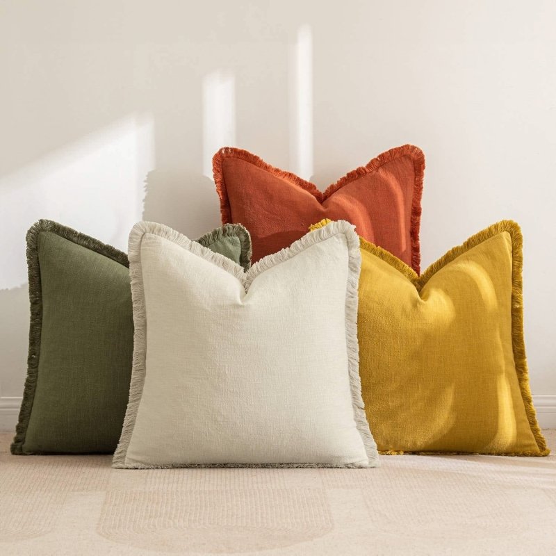 MIULEE Linen Pillow Covers 18x18 Inch Decorative Throw Pillows with Fringe Pack of 4 Soft Farmhouse Boho Couch Pillows Home Decors for Sofa Cushion Living Room Bed Beige Rust - Miulee