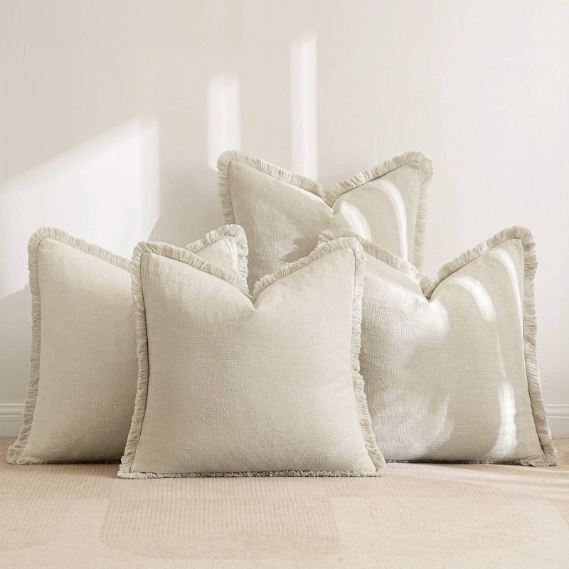 MIULEE Linen Pillow Covers 18x18 Inch Natural Beige Decorative Throw Pillows with Fringe Pack of 4 Soft Farmhouse Boho Couch Christmas Pillows Home Decors for Sofa Cushion Living Room Bed - Miulee