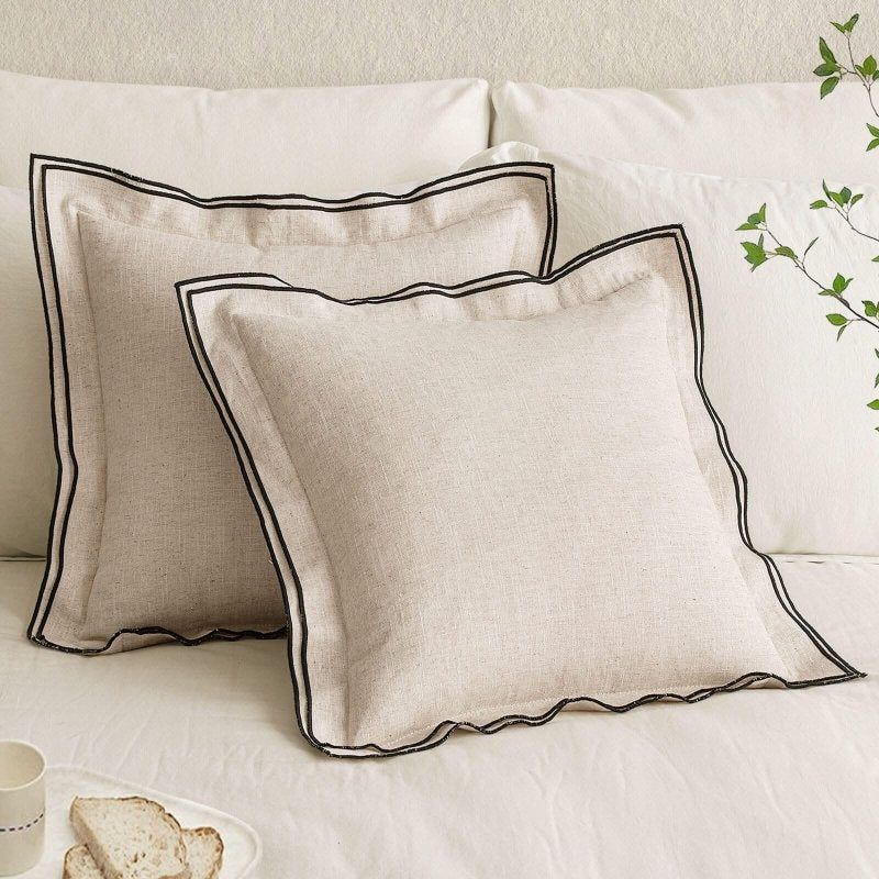 MIULEE Linen Pillow Covers 18x18 Inch Natural Beige Throw Pillow Covers Christmas Cozy Boho Farmhouse Cushion Covers Embroidered Borders for Couch Sofa Bedroom Living Room Home Decor - Miulee