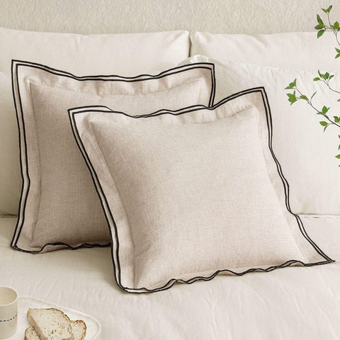 MIULEE Linen Pillow Covers 18x18 Inch Natural Beige Throw Pillow Covers Christmas Cozy Boho Farmhouse Cushion Covers Embroidered Borders for Couch Sofa Bedroom Living Room Home Decor - Miulee