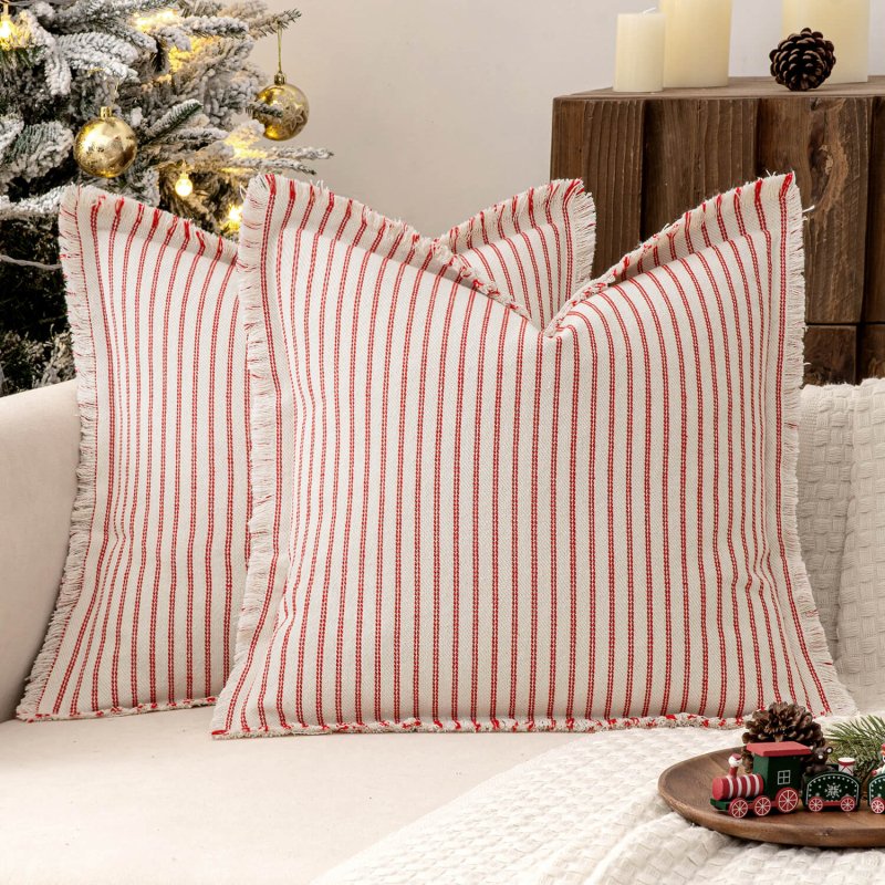 MIULEE Linen Striped Farmhouse Couch Throw Pillow Covers with Fringe (Pack of 2) - Miulee