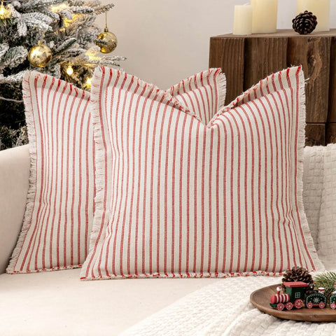 MIULEE Linen Striped Farmhouse Couch Throw Pillow Covers with Fringe (Pack of 2) - Miulee