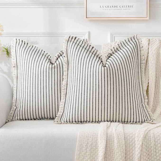 MIULEE Linen Striped Farmhouse Couch Throw Pillow Covers with Fringe (Pack of 2) - Miulee