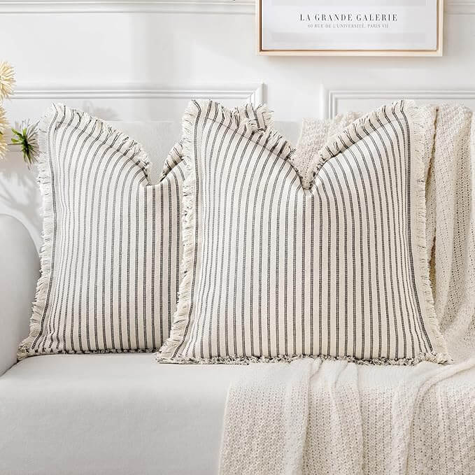 MIULEE Linen Striped Farmhouse Couch Throw Pillow Covers with Fringe (Pack of 2) - Miulee