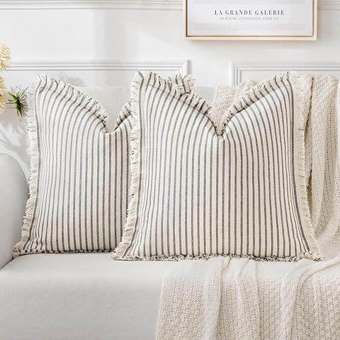 MIULEE Linen Striped Farmhouse Couch Throw Pillow Covers with Fringe (Pack of 2) - Miulee