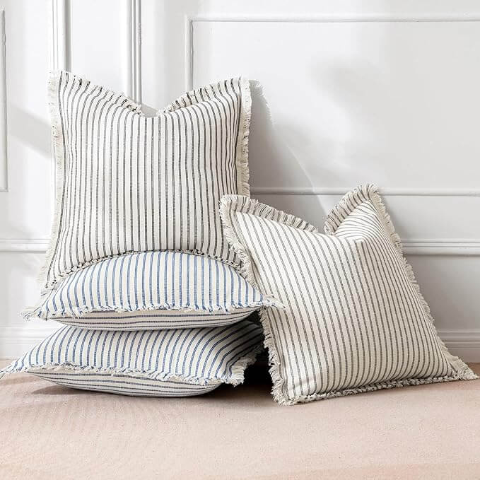 MIULEE Linen Striped Farmhouse Couch Throw Pillow Covers with Fringe (Pack of 2) - Miulee