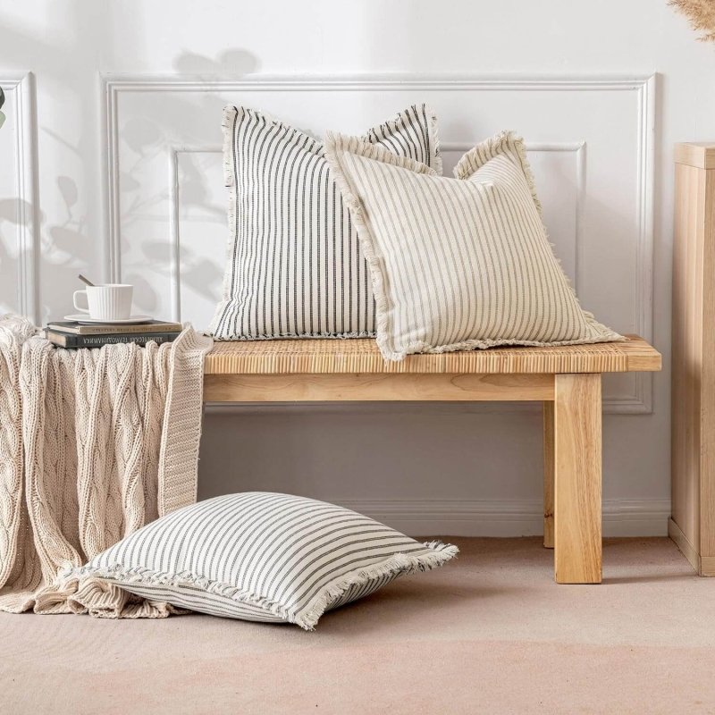 MIULEE Linen Striped Farmhouse Couch Throw Pillow Covers with Fringe (Pack of 2) - Miulee