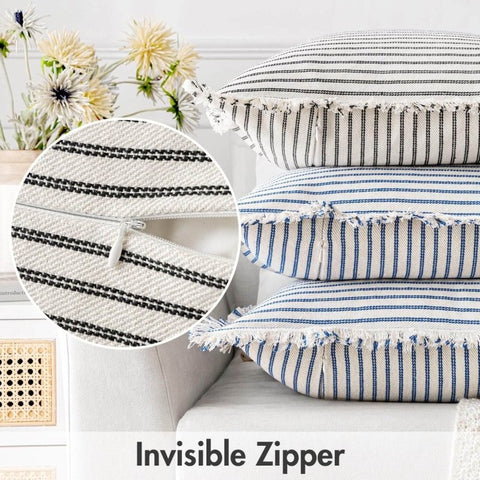 MIULEE Linen Striped Farmhouse Couch Throw Pillow Covers with Fringe (Pack of 2) - Miulee