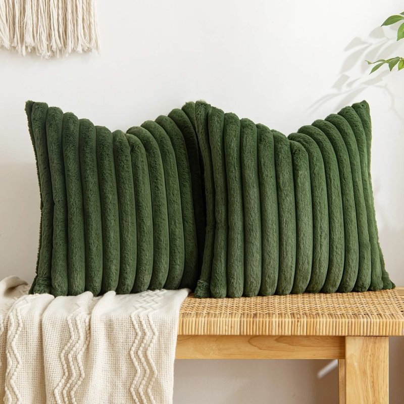 MIULEE Moss Green Throw Pillow Covers 18x18 Inch Set of 2 Soft Pillowcase with Velvet Back Faux Rabbit Fur Cushion Covers Decorative Home Decor for Couch Sofa Bedroom Livingroom - Miulee