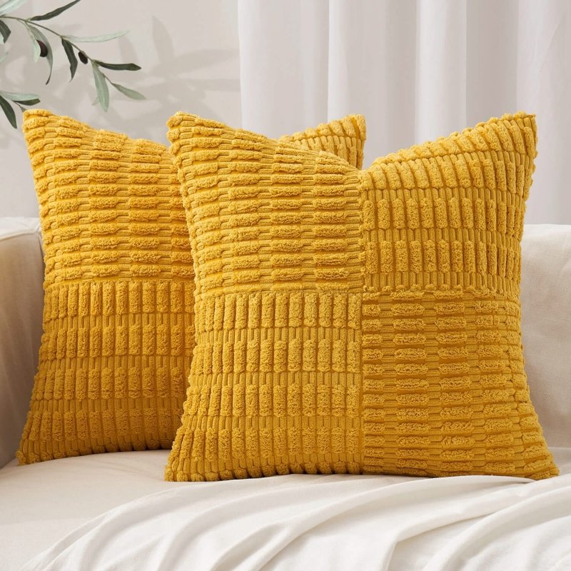 MIULEE Mustard Yellow Corduroy Pillow Covers Pack of 2 Boho Decorative Spliced Throw Pillow Covers Soft Solid Couch Pillowcases Patchwork Textured Cushion Covers for Living Room Sofa 18x18 inch - Miulee