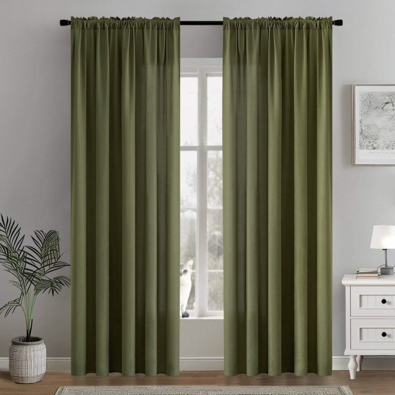 MIULEE Olive Green Privacy Sheer Curtains That Let Light in 84 Inches Long Non - See - Through Semi Sheer Curtains Light Filtering Window Curtains Drapes for Living Room Bedroom 2 Panels Set - Miulee