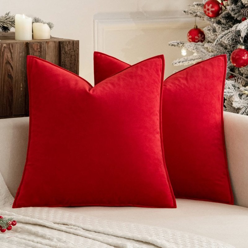 MIULEE Pack of 2 Christmas Bright Red Decorative Velvet Throw Pillow Covers Soft Pillowcases Spring Solid Square Cushion Case for Sofa Bedroom Car 20x20 Inch - Miulee