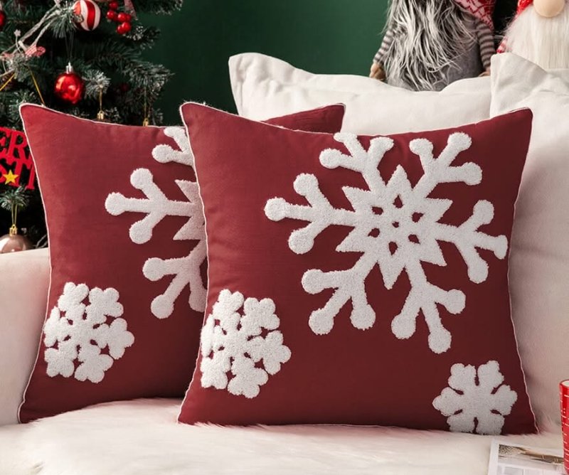 MIULEE Pack of 2 Christmas Decorative Snowflake Throw Pillow Covers Canvas Embroidery Cushion Cases Holiday Decor Soft Pillowcases for Couch Sofa Bedroom Car（Burgundy, 18x18in） - Miulee