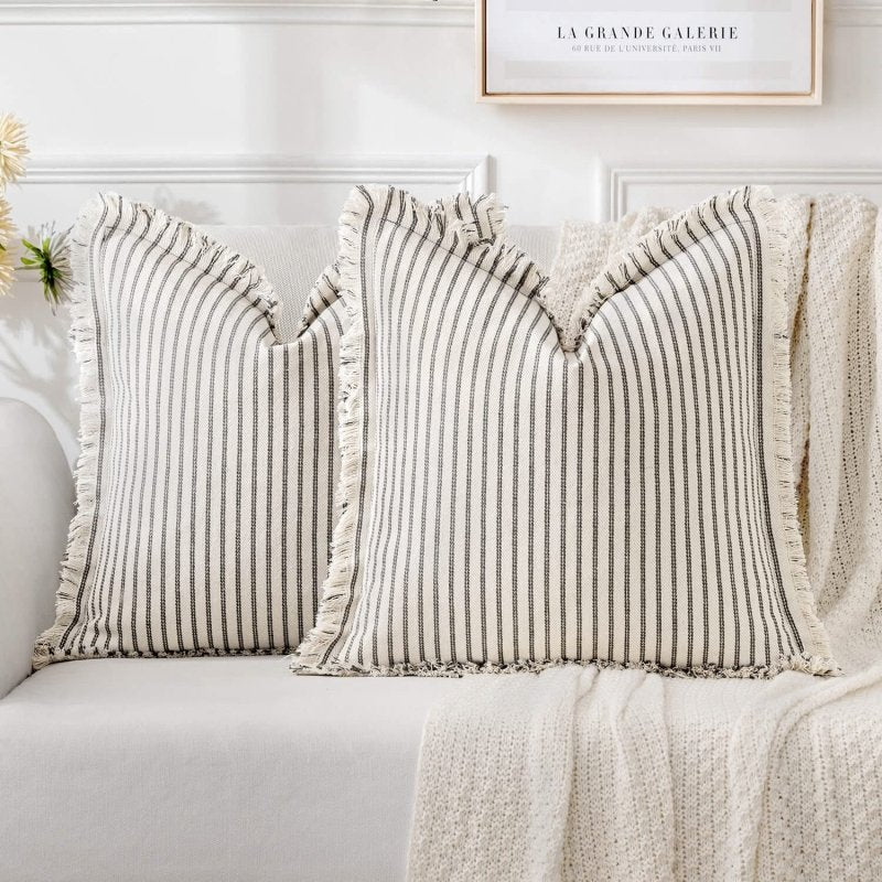 MIULEE Pack of 2 Gray Pillow Covers 26x26 Inch Striped Farmhouse Couch Throw Pillow Covers with Fringe Chic Linen Decorative Cushion Covers for Sofa Living Room Bed Home Decor - Miulee