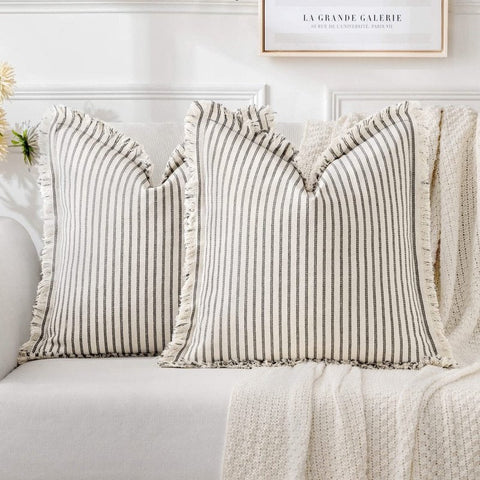 MIULEE Pack of 2 Gray Pillow Covers 26x26 Inch Striped Farmhouse Couch Throw Pillow Covers with Fringe Chic Linen Decorative Cushion Covers for Sofa Living Room Bed Home Decor - Miulee