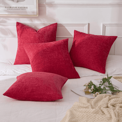 MIULEE Pack of 4 Christmas Red Throw Pillow Covers 18x18 Inch Soft Chenille Couch Pillow Covers for Sofa Living Room Solid Dyed Pillow Cases - Miulee