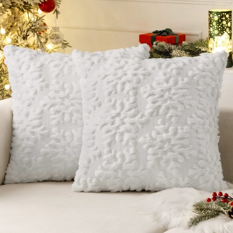 MIULEE Pure White Throw Pillow Covers Christmas Snowflakes Decorative Pillow Covers 16x16 Inch Soft Plush Faux Wool Pillow Covers Set of 2 Farmhouse Couch Pillows Home Decors for Sofa Livingroom Bed - Miulee