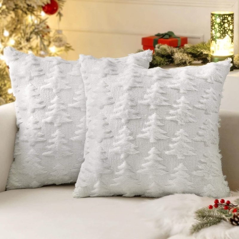 MIULEE Pure White Throw Pillow Covers Christmas Tree Decorative Pillow Covers 18x18 Inch Soft Plush Faux Wool Pillow Covers Set of 2 Farmhouse Couch Pillows Home Decors for Sofa Livingroom Bed - Miulee