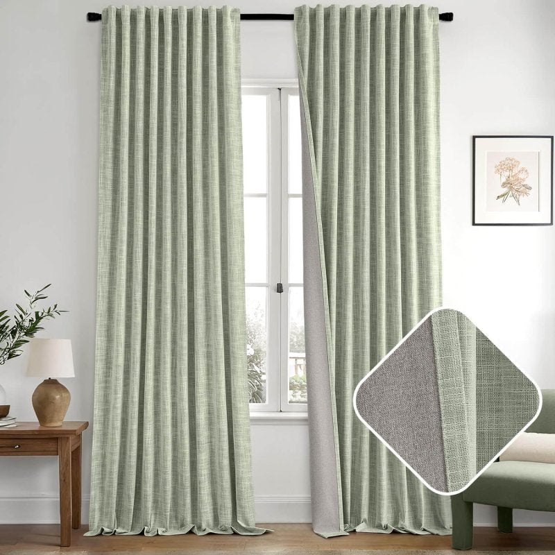 MIULEE Sage Green 100% Blackout Linen Curtain 96 Inch 2 Panel Set Double Sided No Coating Pinch Pleated Back Tab Floor to Ceiling Black out Thermal Insulated Bedroom Living Room Darkening Window Drape - Miulee
