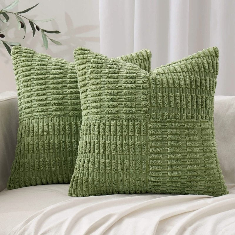MIULEE Sage Green Corduroy Pillow Covers Pack of 2 Boho Decorative Spliced Throw Pillow Covers Soft Solid Couch Pillowcases Patchwork Textured Cushion Covers for Living Room Sofa 18x18 inch - Miulee
