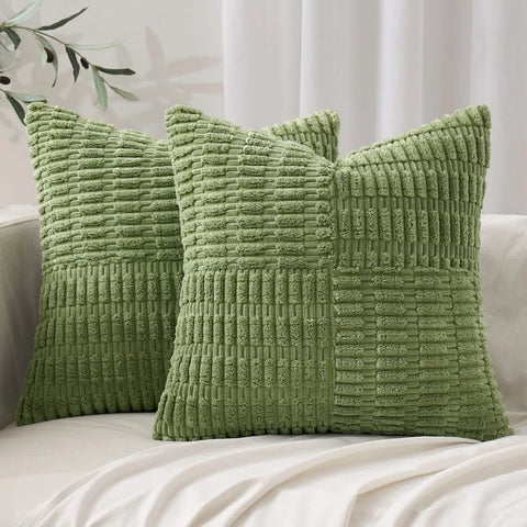 MIULEE Sage Green Corduroy Pillow Covers Pack of 2 Boho Decorative Spliced Throw Pillow Covers Soft Solid Couch Pillowcases Patchwork Textured Cushion Covers for Living Room Sofa 18x18 inch - Miulee