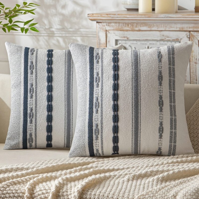 MIULEE Set of 2 Decorative Throw Pillow Covers Boho Farmhouse Cushion Covers Chenille Striped Pillow Covers Soft Accent Neutral Pillowcases for Sofa Couch Bed Home Decor,18x18 Inch,Gray - Miulee