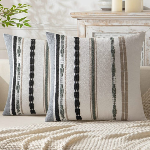 MIULEE Set of 2 Decorative Throw Pillow Covers Boho Farmhouse Cushion Covers Chenille Striped Pillow Covers Soft Accent Neutral Pillowcases for Sofa Couch Bed Home Decor,18x18 Inch,Khaki - Miulee