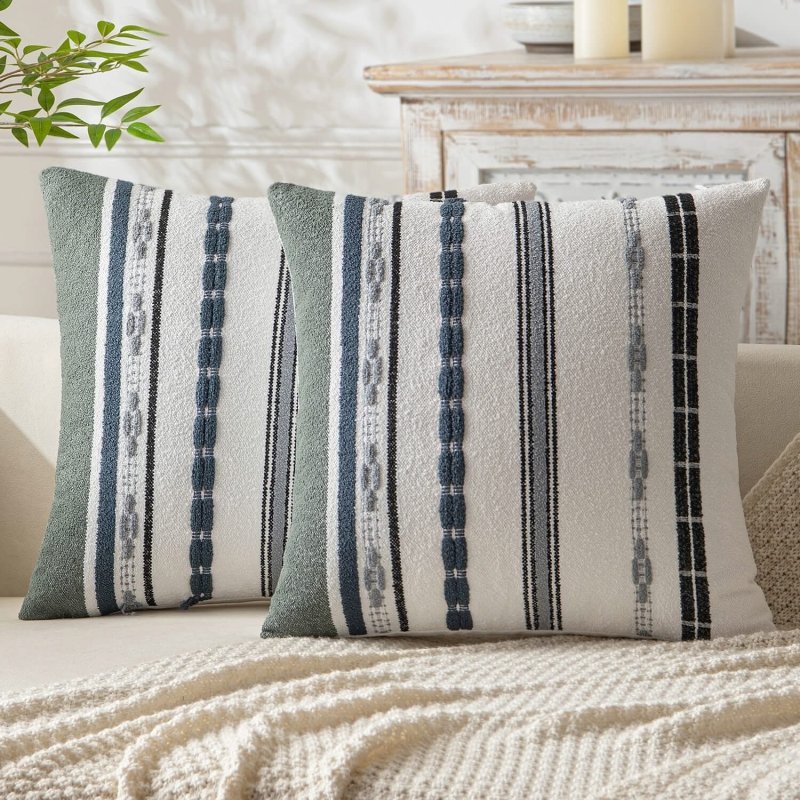 MIULEE Set of 2 Decorative Throw Pillow Covers Boho Farmhouse Cushion Covers Chenille Striped Pillow Covers Soft Accent Neutral Pillowcases for Sofa Couch Bed Home Decor,16x16 Inch,Black - Miulee
