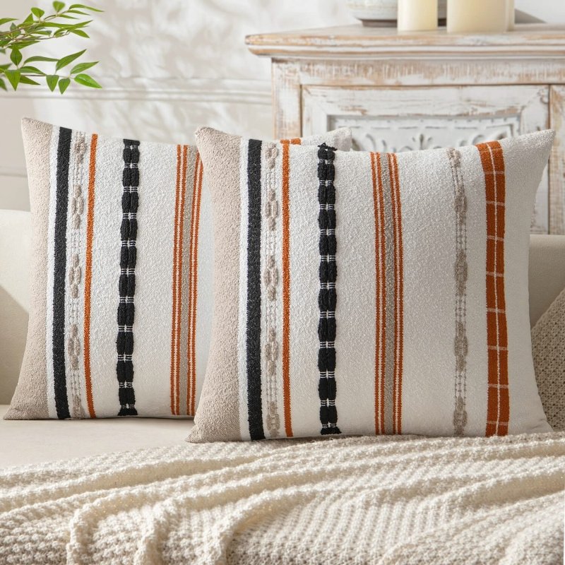 MIULEE Set of 2 Fall Decorative Throw Pillow Covers Boho Farmhouse Cushion Covers Chenille Striped Pillow Covers Soft Accent Neutral Pillowcases for Sofa Couch Bed Home Decor,16×16 Inch,Orange - Miulee