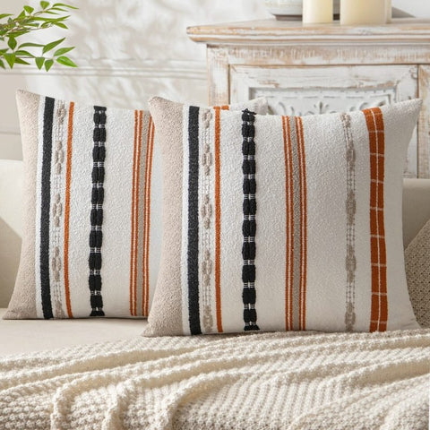MIULEE Set of 2 Fall Decorative Throw Pillow Covers Boho Farmhouse Cushion Covers Chenille Striped Pillow Covers Soft Accent Neutral Pillowcases for Sofa Couch Bed Home Decor,16×16 Inch,Orange - Miulee