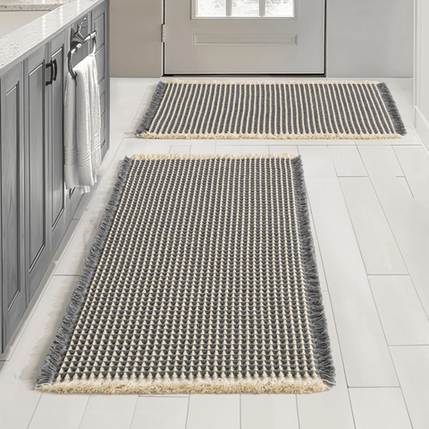 MIULEE Set of 2 Waffle Bath Mats Extra Soft Bathroom Rugs with Tassels, Super Absorbent Non Slip Bathroom Mats for Bathroom Floor, Machine Washable Shower Mats (Dark Grey & Yellow, 17x24 Inches) - Miulee