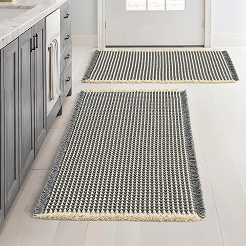MIULEE Set of 2 Waffle Bathroom Rugs, Boho Bath Rugs Non Slip Washable, Super Absorbent Bath Mats, Ultra Soft Rubber Backed Shower Mats for Bathroom Floor, Tub, Dark Grey & Yellow, 17"x24"+18"x30" - Miulee