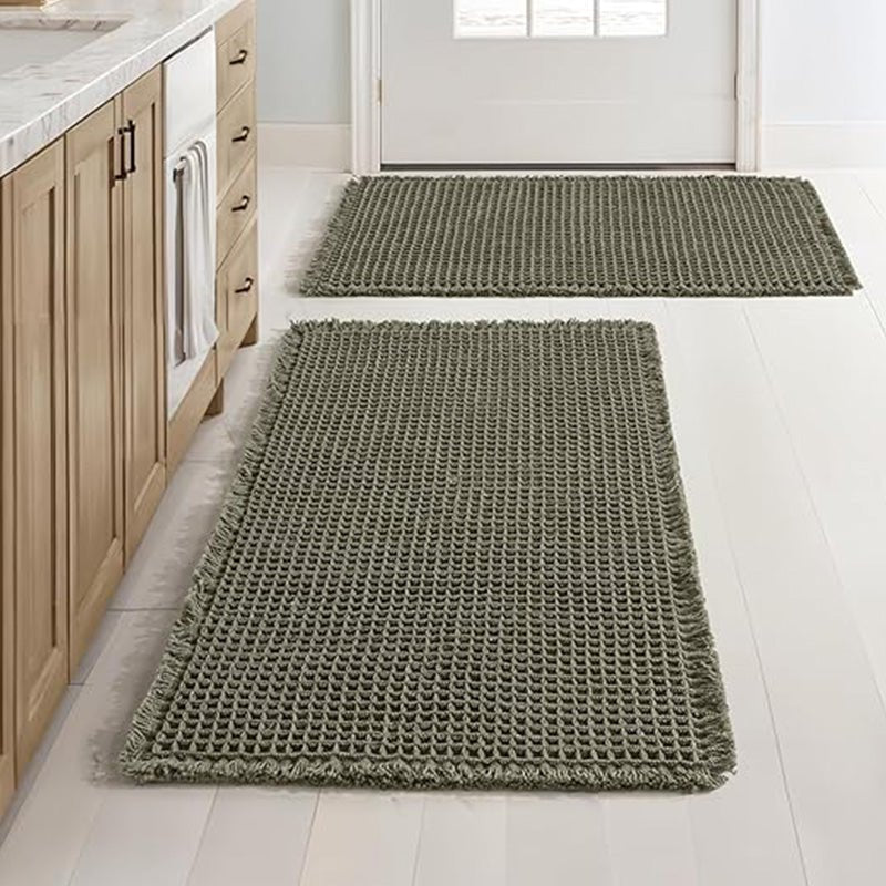 MIULEE Set of 2 Waffle Bathroom Rugs, Super Absorbent Non Slip Bath Rugs, Machine Washable Bath Mats with Tassels, Ultra Soft Rubber Backed Shower Mats for Bathroom Floor, Tub, Green, 17x24 Inch - Miulee