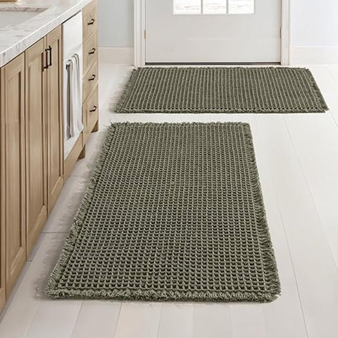 MIULEE Set of 2 Waffle Bathroom Rugs, Super Absorbent Non Slip Bath Rugs, Machine Washable Bath Mats with Tassels, Ultra Soft Rubber Backed Shower Mats for Bathroom Floor, Tub, Green, 17x24 Inch - Miulee