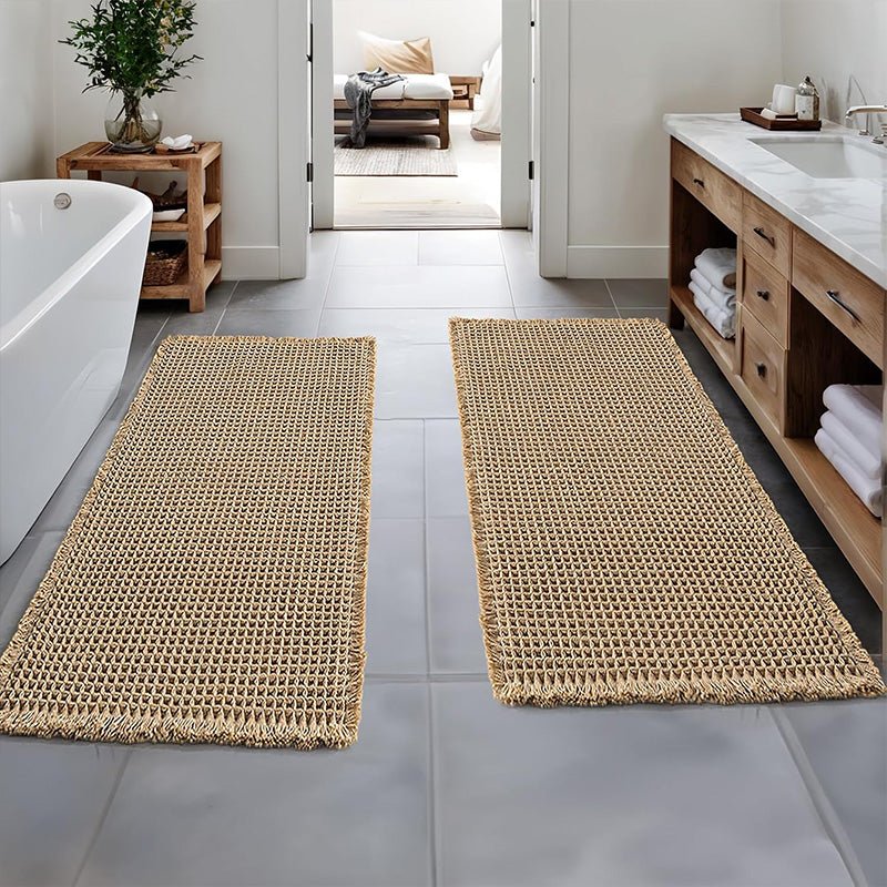 MIULEE Set of 2 Waffle Bathroom Runner Rugs, Boho Bath Rugs Non Slip Washable, Super Absorbent Runner Bath Mats, Rubber Backed Shower Mats for Hallway Bedroom Laundry Room, Brown, 2'x6'(24x72 Inch) - Miulee