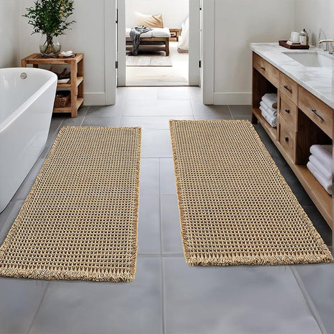 MIULEE Set of 2 Waffle Bathroom Runner Rugs, Boho Bath Rugs Non Slip Washable, Super Absorbent Runner Bath Mats, Rubber Backed Shower Mats for Hallway Bedroom Laundry Room, Brown, 2'x6'(24x72 Inch) - Miulee