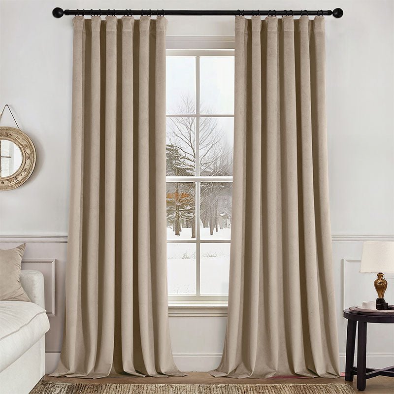 MIULEE Velvet Curtains 84 Inches Long 2 Panels Set for Bedroom, Pinch Pleat Back Tab Luxury Thermal Insulated Living Room Darkening Drapes Pleated Blackout Window Curtains with Hooks, Camel Beige - Miulee