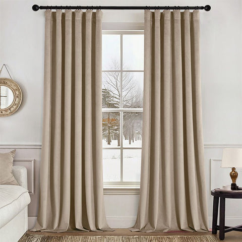 MIULEE Velvet Curtains 84 Inches Long 2 Panels Set for Bedroom, Pinch Pleat Back Tab Luxury Thermal Insulated Living Room Darkening Drapes Pleated Blackout Window Curtains with Hooks, Camel Beige - Miulee